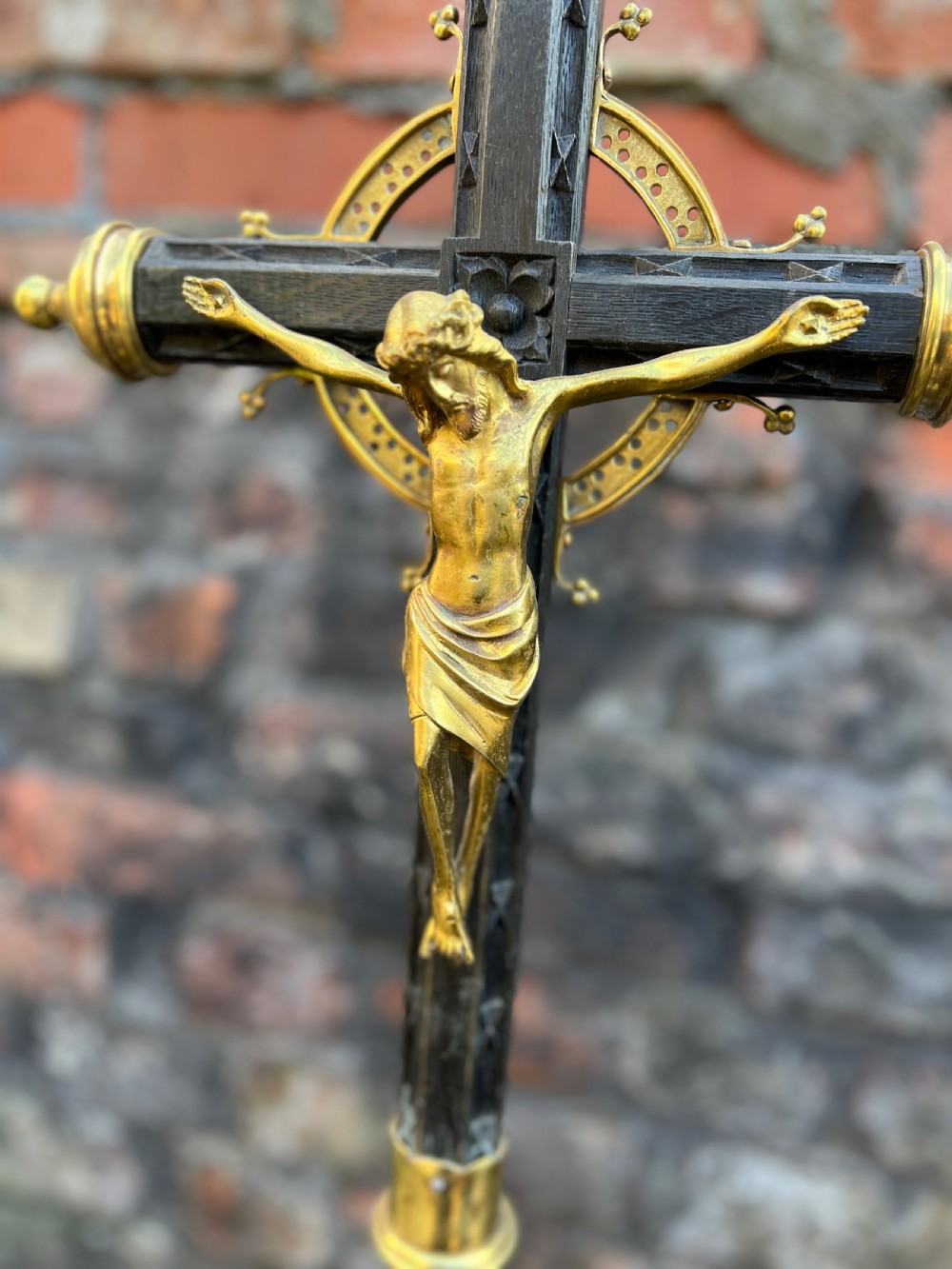C19th reformed gothic brass and wood crucifix View VI