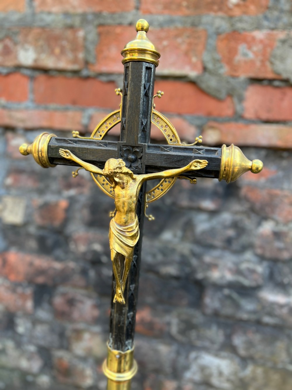 C19th reformed gothic brass and wood crucifix View VII