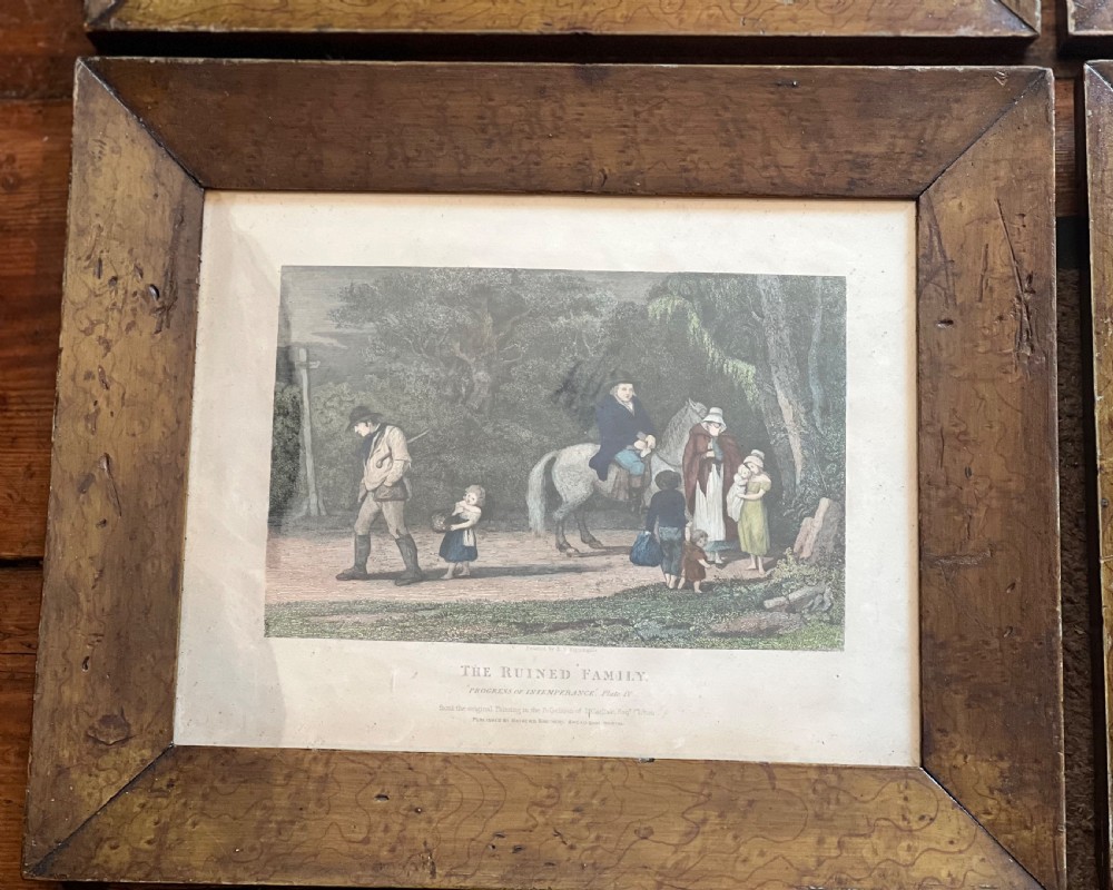 Set of six antique stipple engravings of the progress of intemperance in faux maple painted frames  View III