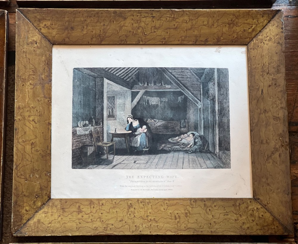 Set of six antique stipple engravings of the progress of intemperance in faux maple painted frames  View IV