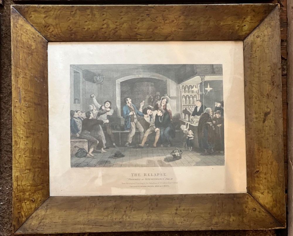 Set of six antique stipple engravings of the progress of intemperance in faux maple painted frames  View V