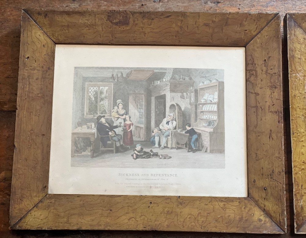 Set of six antique stipple engravings of the progress of intemperance in faux maple painted frames  View VI