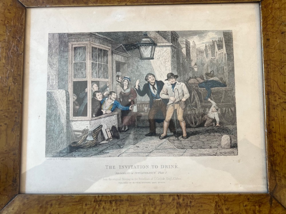 Set of six antique stipple engravings of the progress of intemperance in faux maple painted frames  View VII