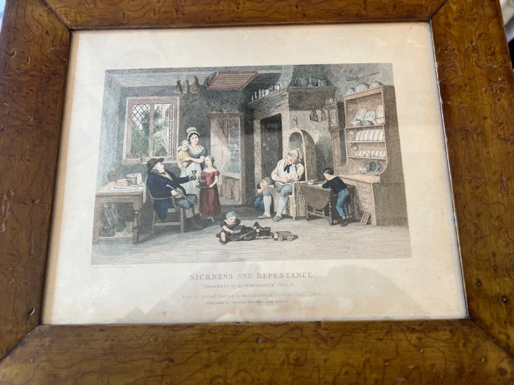 Set of six antique stipple engravings of the progress of intemperance in faux maple painted frames  View VIII