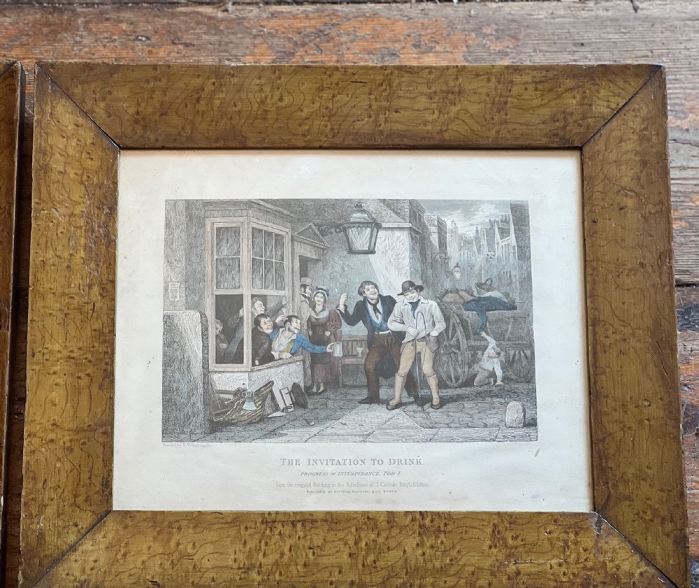 Set of six antique stipple engravings of the progress of intemperance in faux maple painted frames  View IX