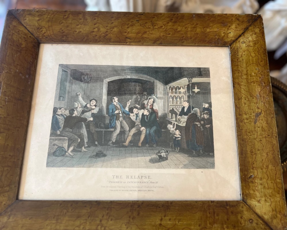 Set of six antique stipple engravings of the progress of intemperance in faux maple painted frames  View X