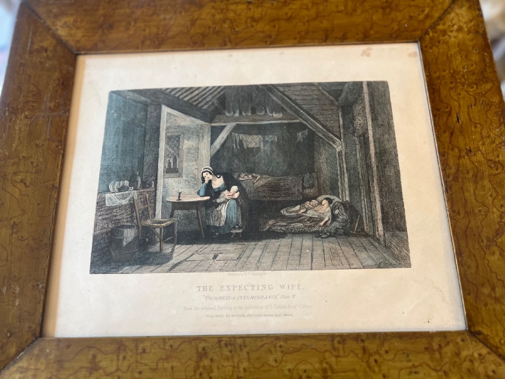 Set of six antique stipple engravings of the progress of intemperance in faux maple painted frames  View XII