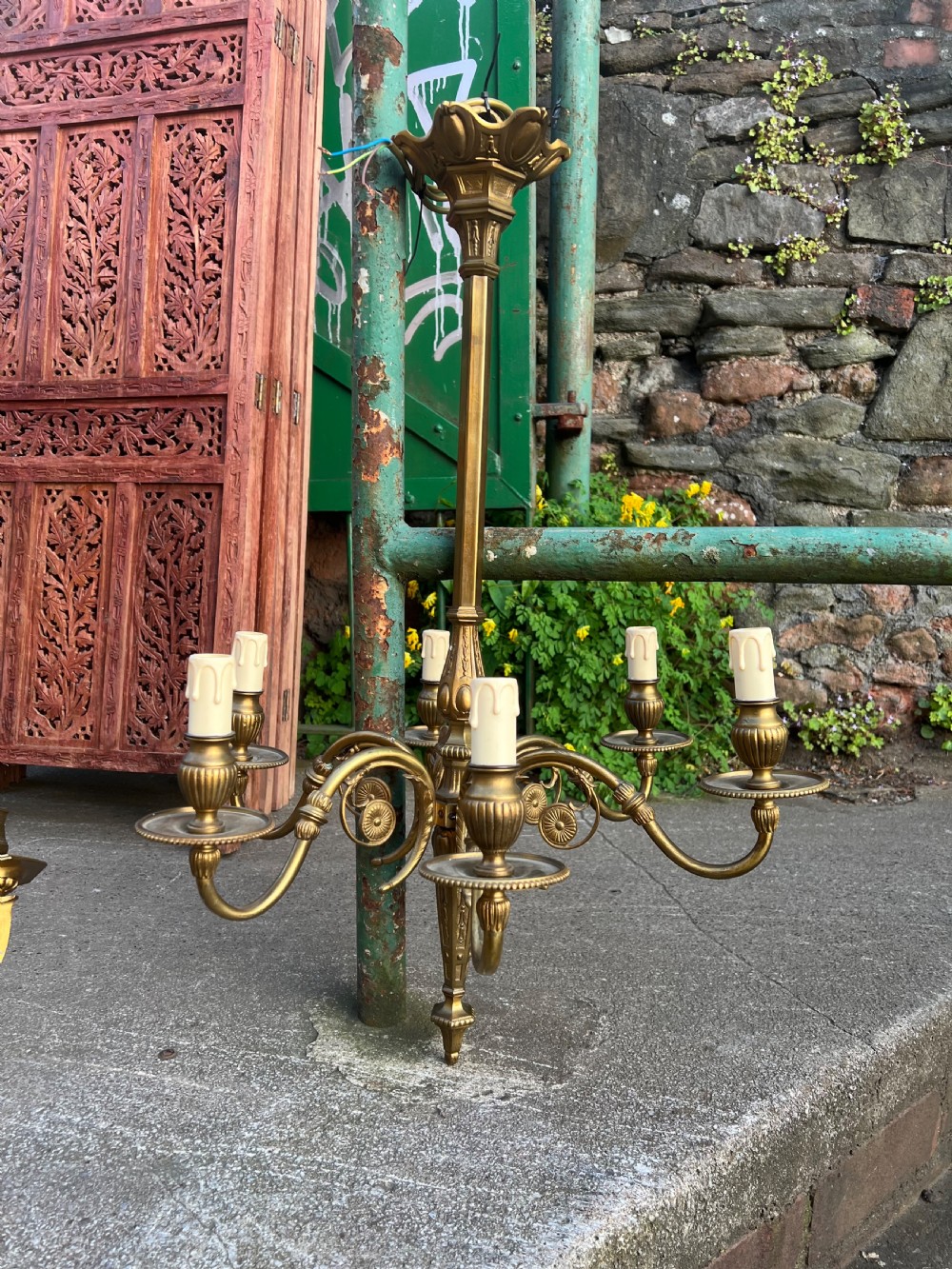 Edwardian heavy brass six armed ceiling light  View II
