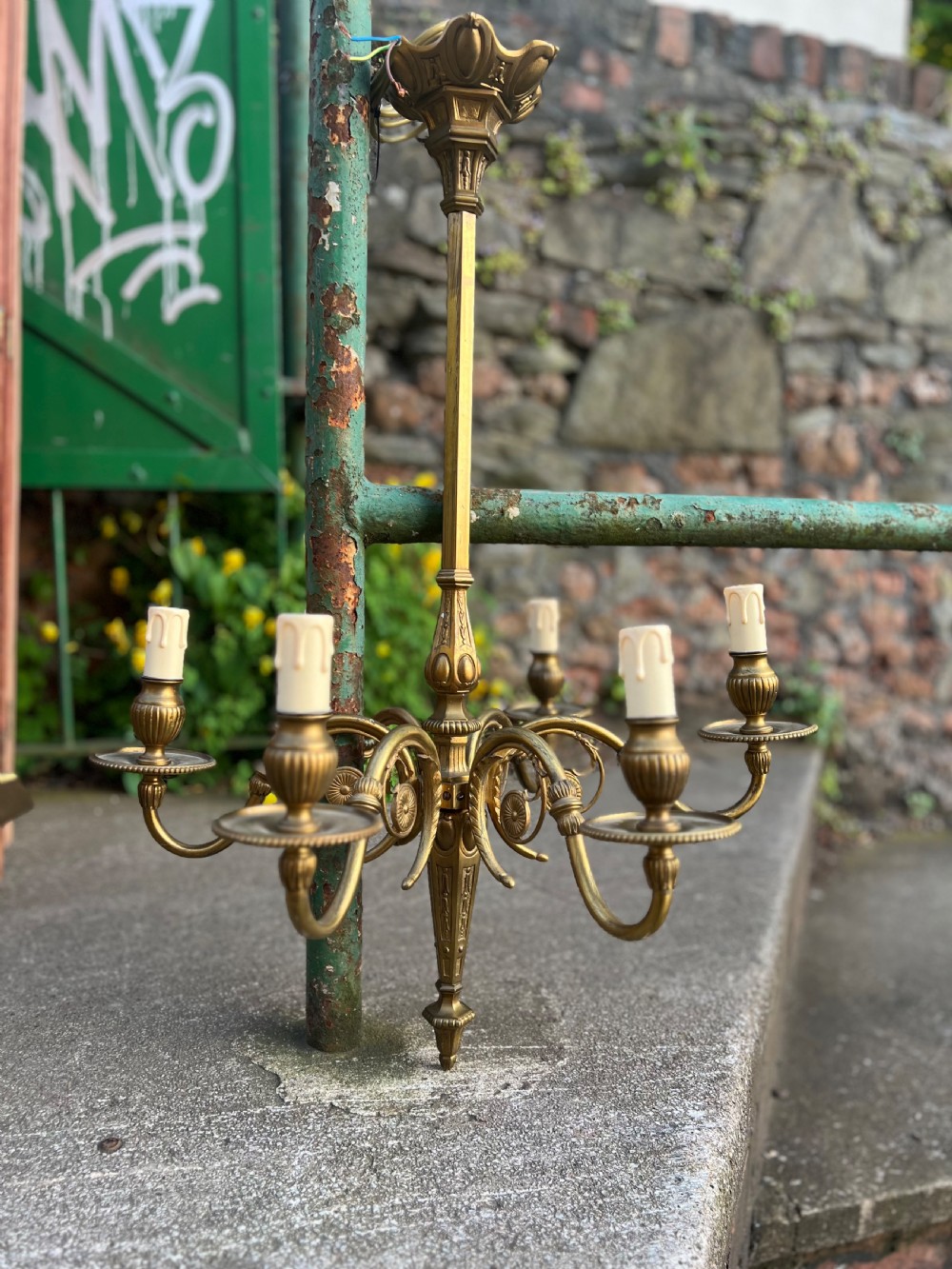 Edwardian heavy brass six armed ceiling light  View III