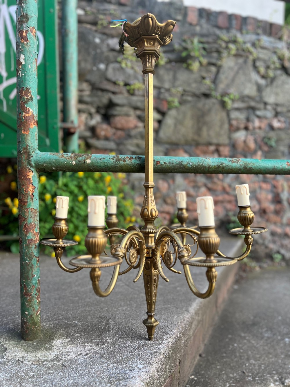 Edwardian heavy brass six armed ceiling light  View VI