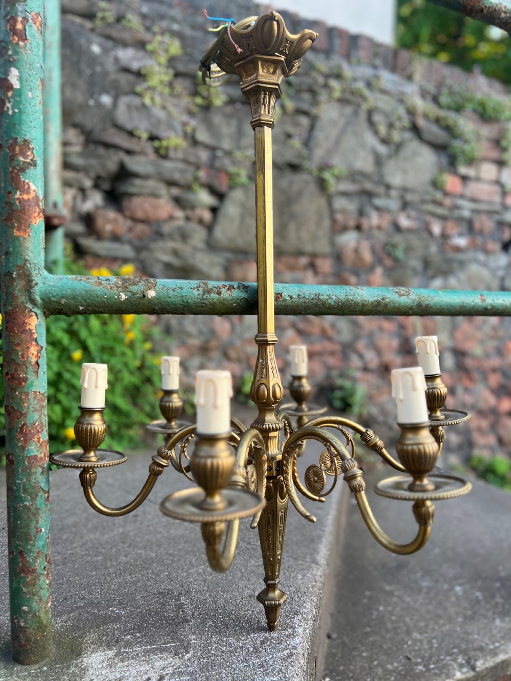 Edwardian heavy brass six armed ceiling light  View VIII