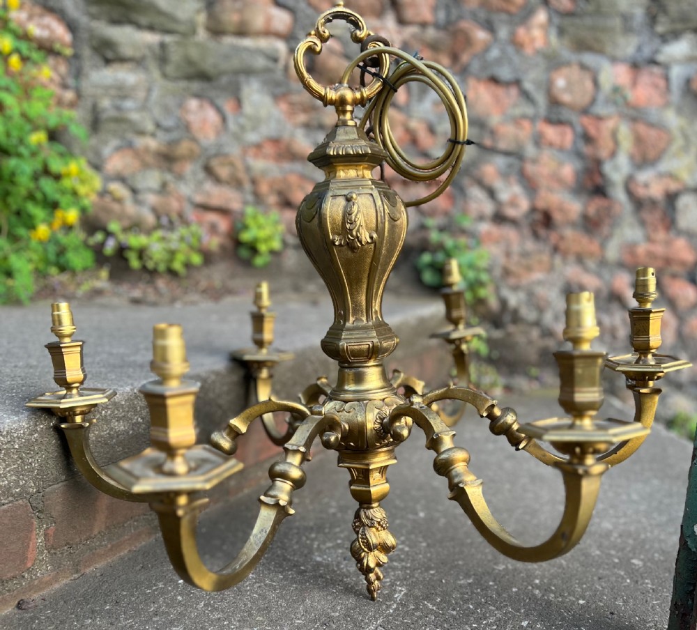 Edwardian heavy brass six armed ceiling light 