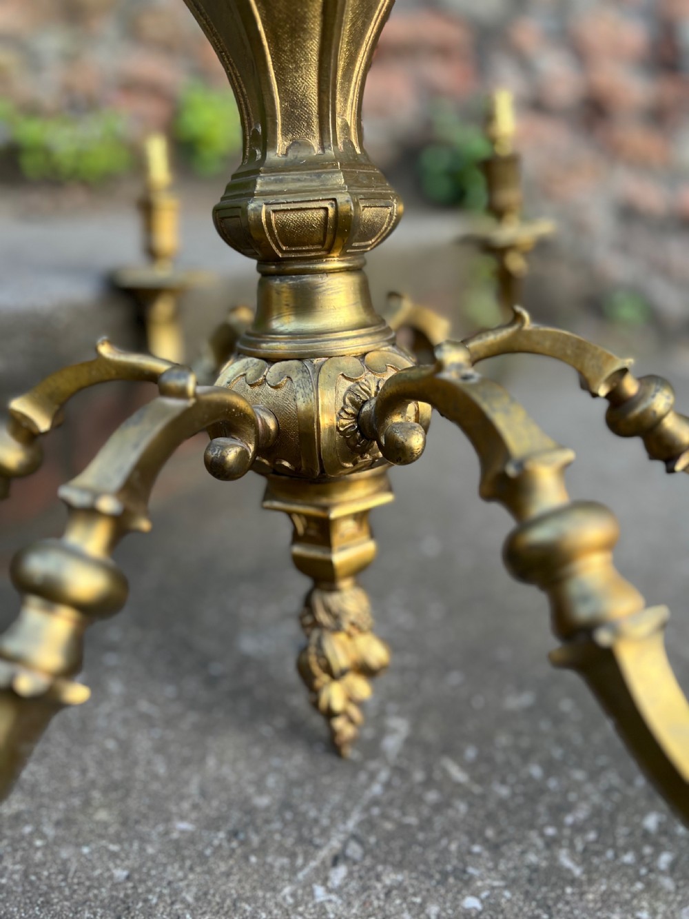 Edwardian heavy brass six armed ceiling light  View II