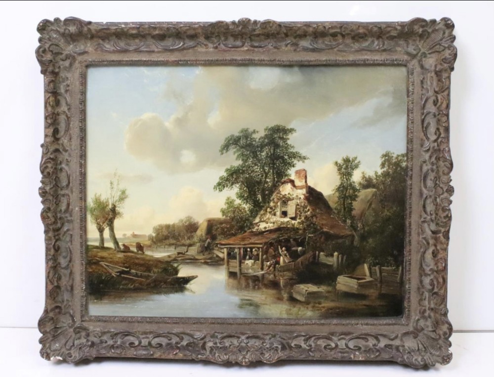 C19th oil painting on canvas showing  women washing  laundry 