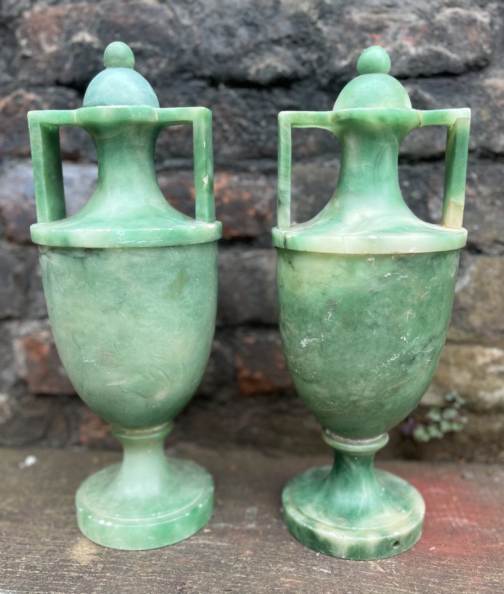 A pair of Jade green classical alabaster urns 