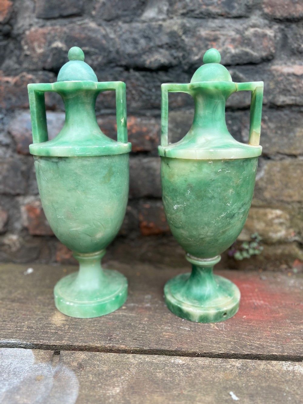 A pair of Jade green classical alabaster urns  View II
