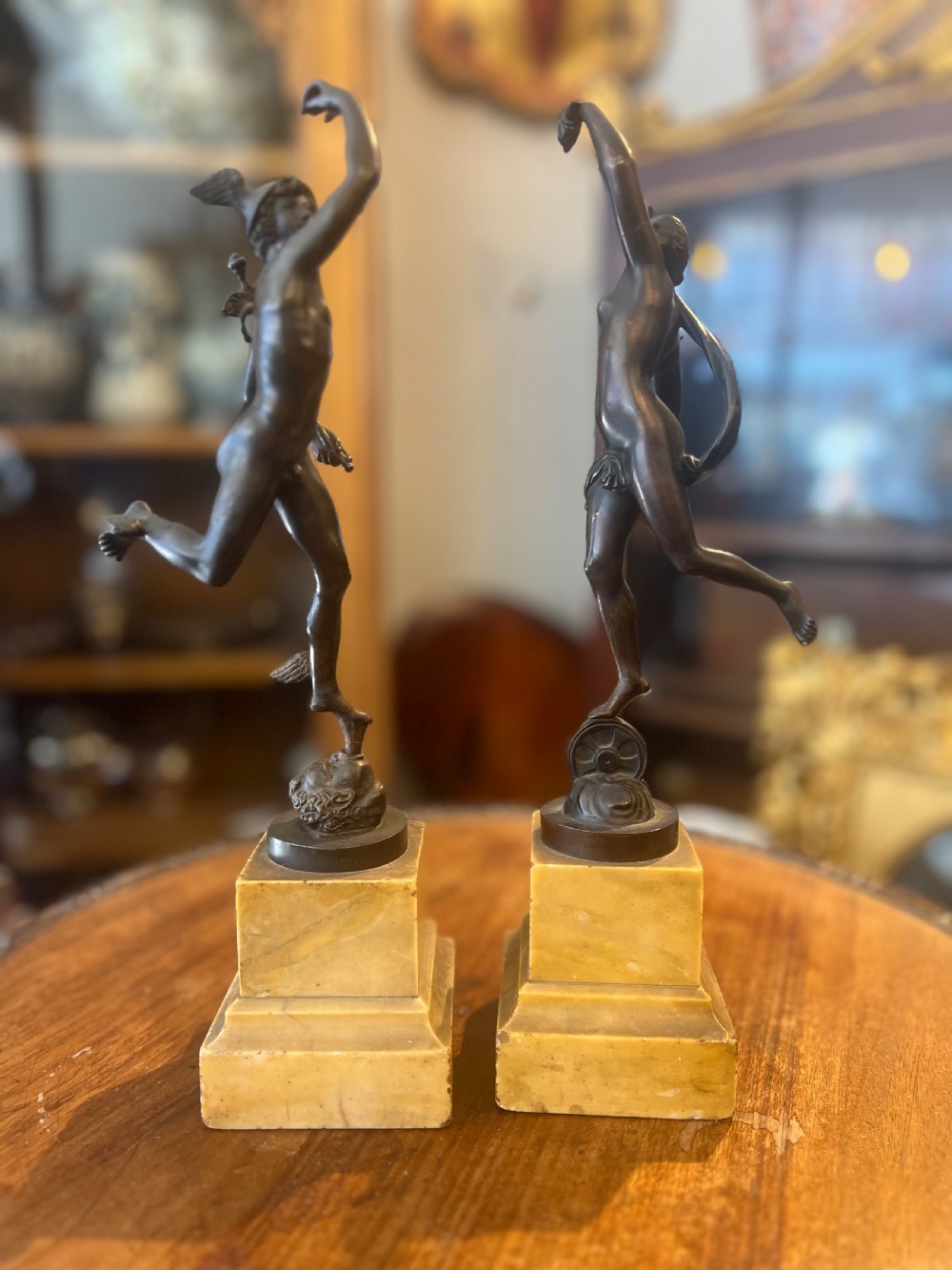 Antique bronze pair of fortuna and mercury on sienna marble bases  View II