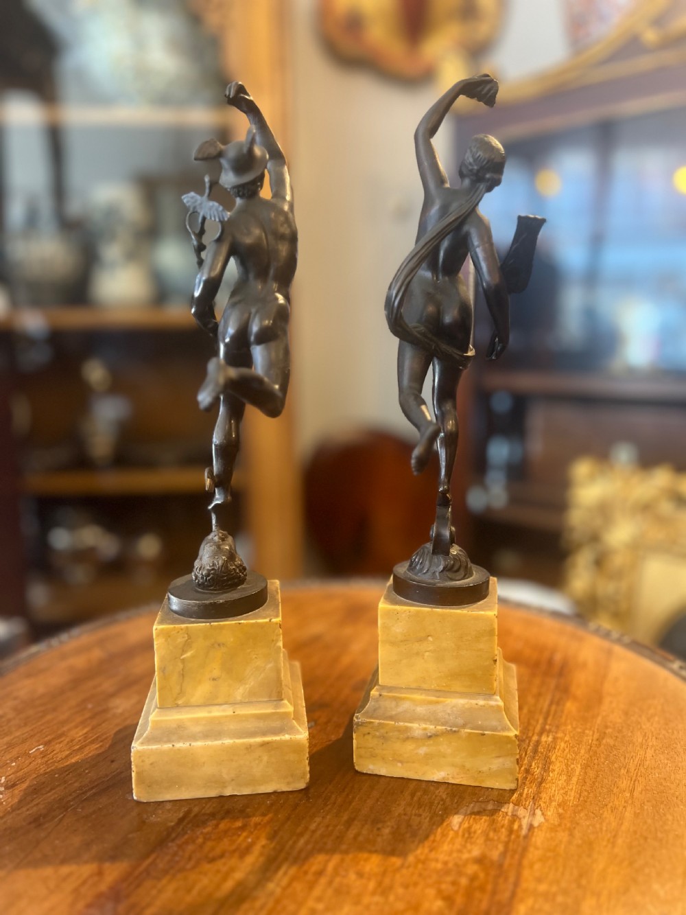 Antique bronze pair of fortuna and mercury on sienna marble bases  View III