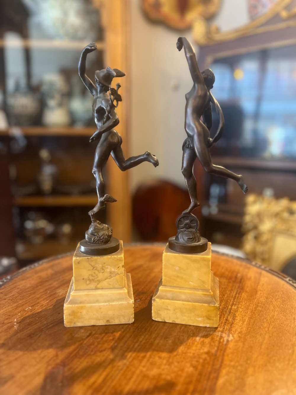 Antique bronze pair of fortuna and mercury on sienna marble bases  View V