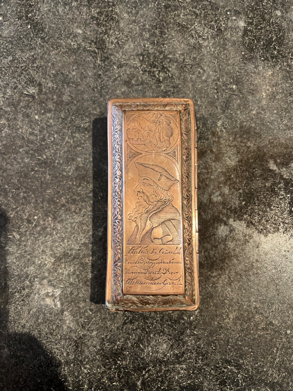 Late C17th copper Dutch tobacco box depicting Calvin and Luther  View II