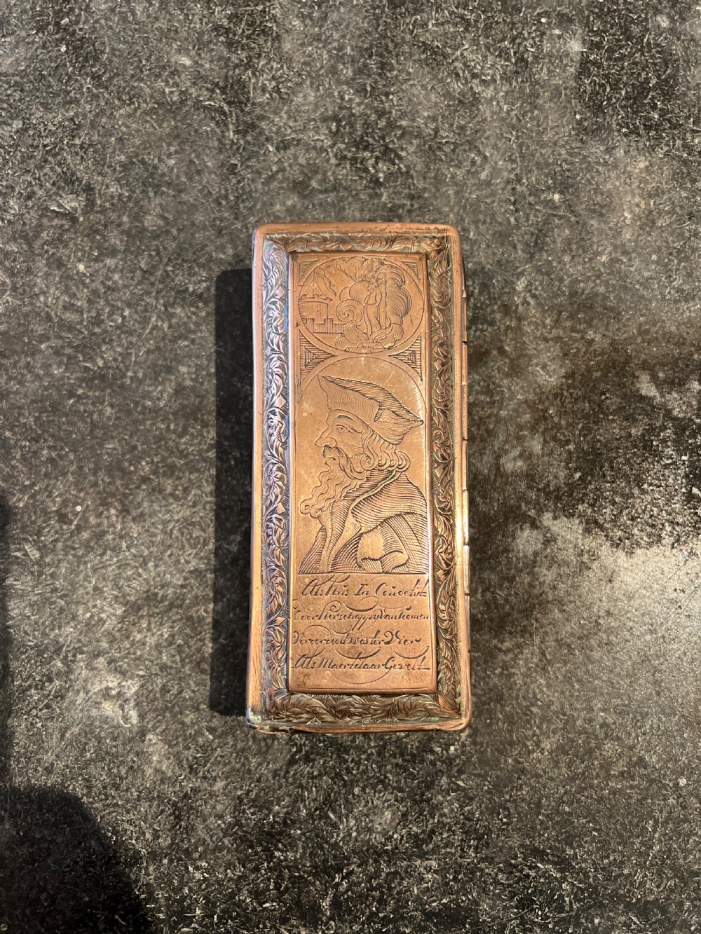 Late C17th copper Dutch tobacco box depicting Calvin and Luther  View III