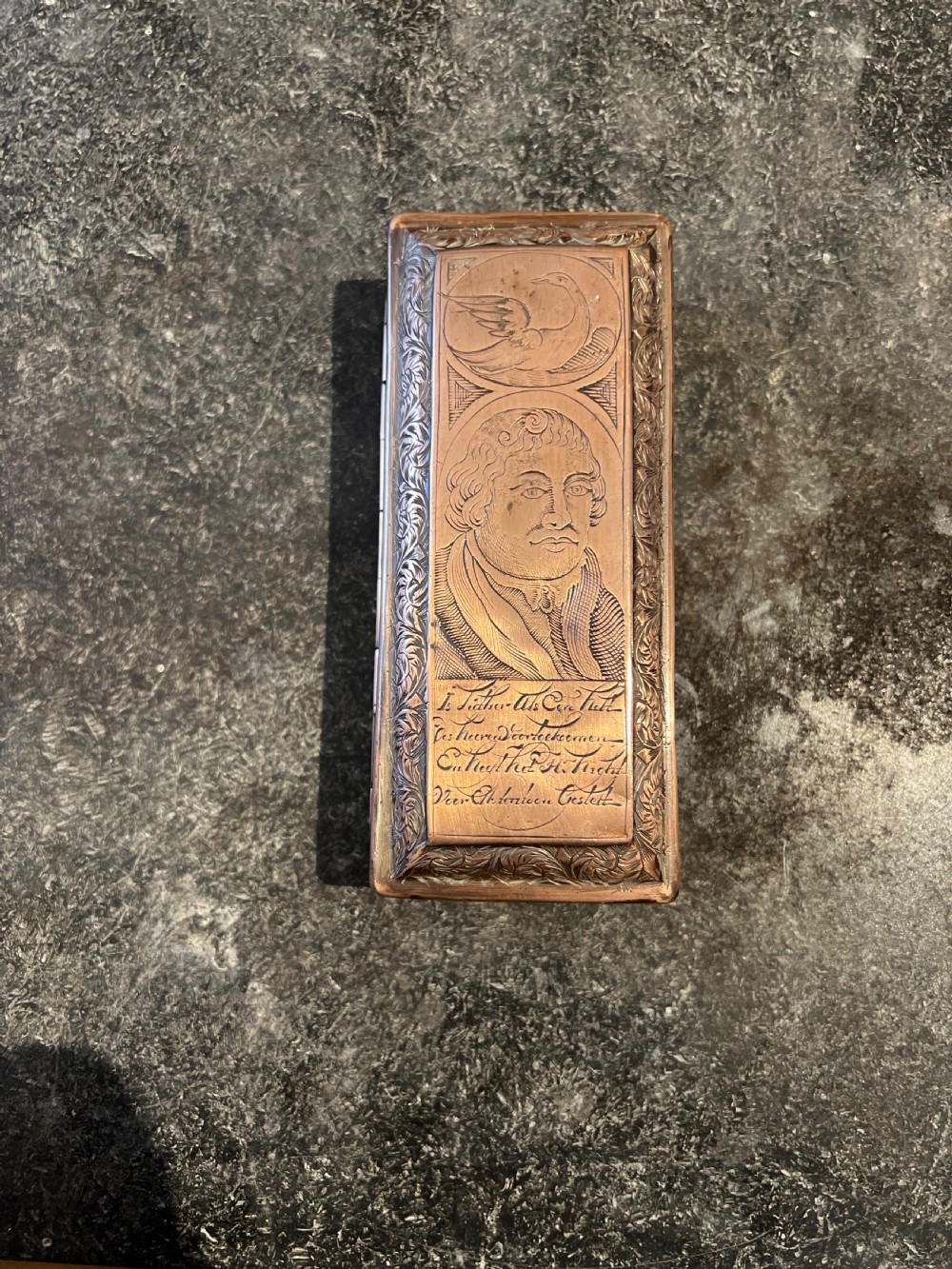 Late C17th copper Dutch tobacco box depicting Calvin and Luther  View VI