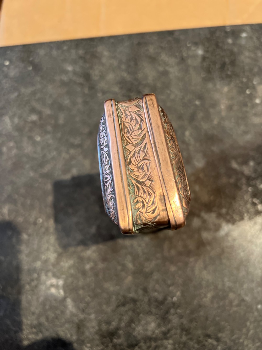 Late C17th copper Dutch tobacco box depicting Calvin and Luther  View VII