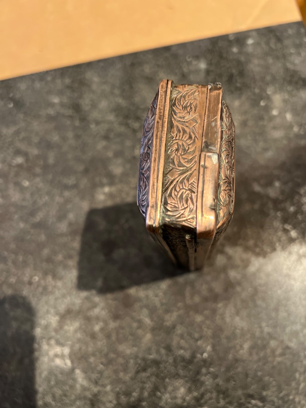 Late C17th copper Dutch tobacco box depicting Calvin and Luther  View VIII
