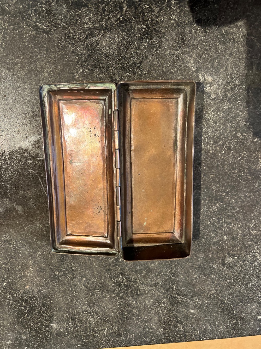 Late C17th copper Dutch tobacco box depicting Calvin and Luther  View IX