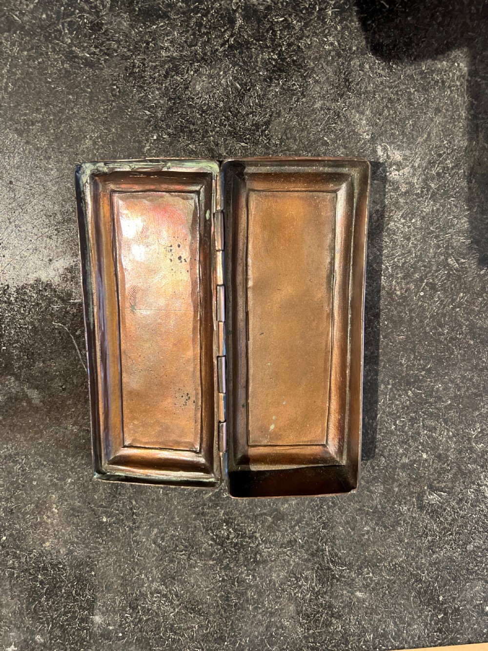 Late C17th copper Dutch tobacco box depicting Calvin and Luther  View X