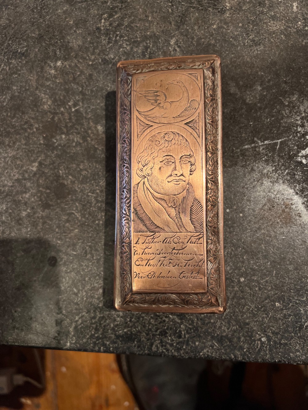Late C17th copper Dutch tobacco box depicting Calvin and Luther  View XII