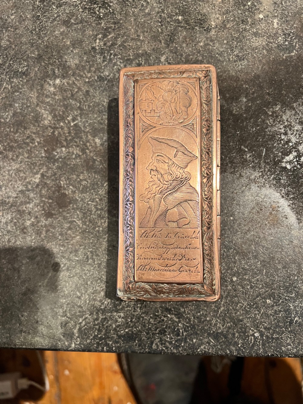 Late C17th copper Dutch tobacco box depicting Calvin and Luther  View XIV