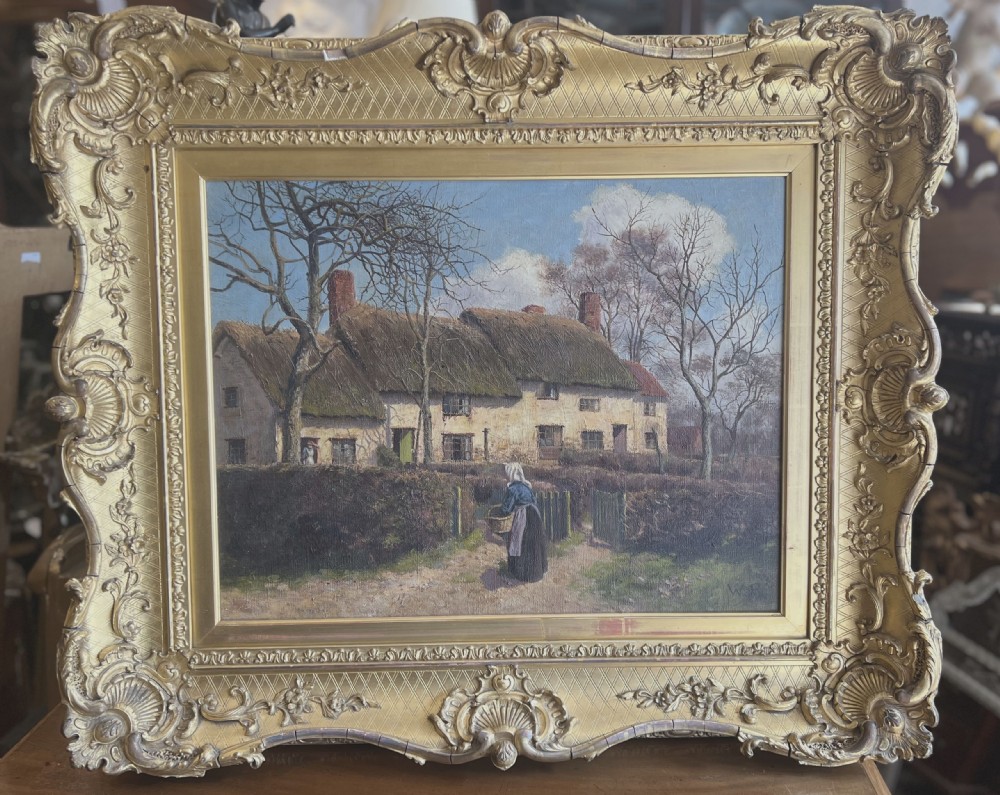 Oil painting of Norfolk cottages by  Walter Roche ( 1847-1921) 