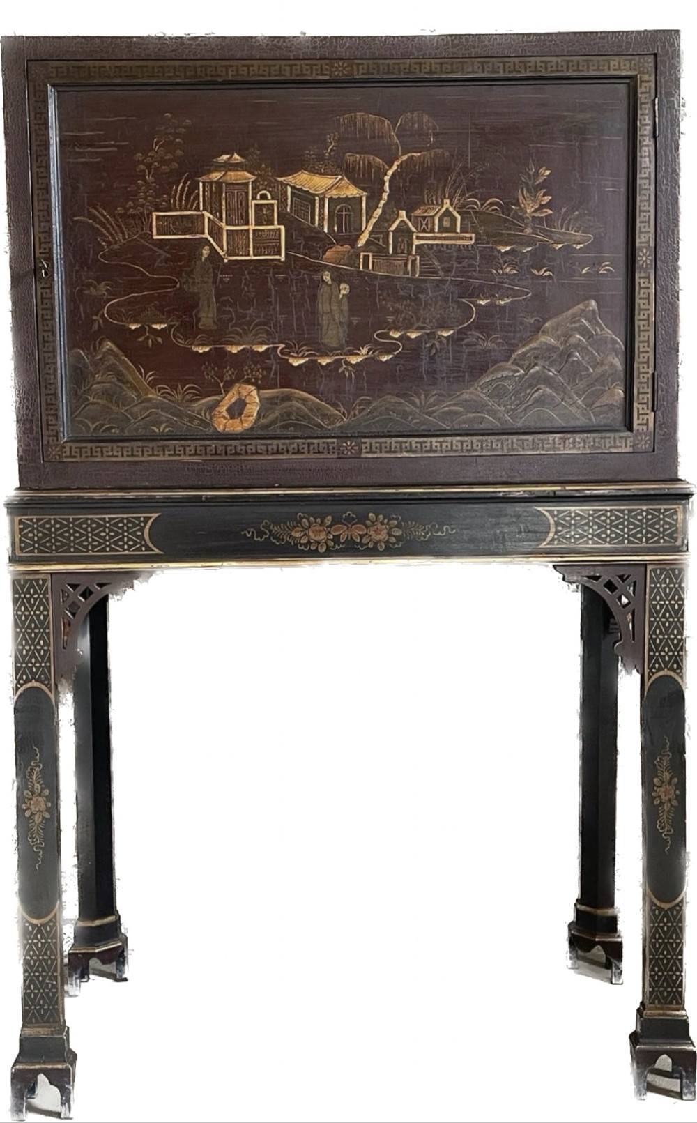 Early C20th cabinet on stand with overal chinoiserie decoration 