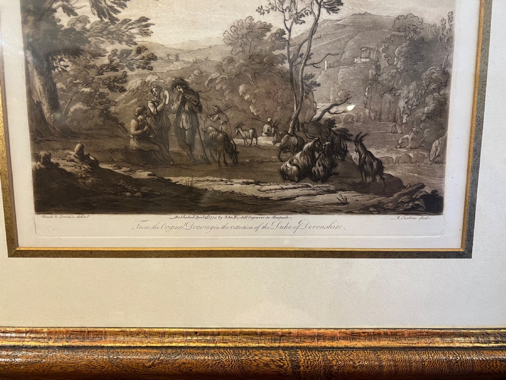 A pair of sepia stipple engravings after Claude lorrain  View VI