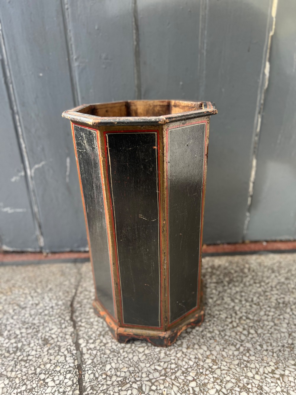 Edwardian painted hexagonal painted wooden stick stand  View II