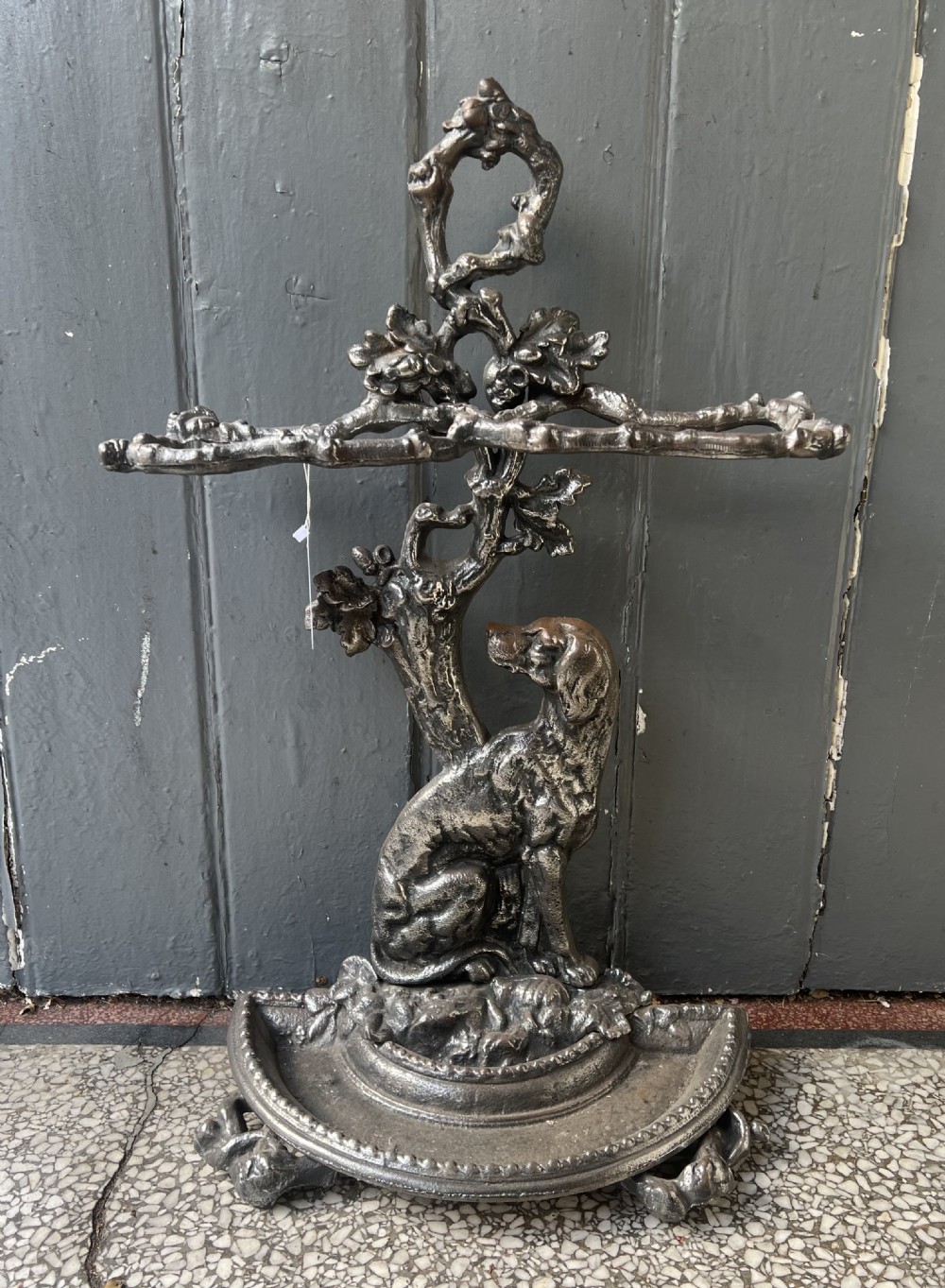 Antique cast iron stick stand with sitting dog  View II