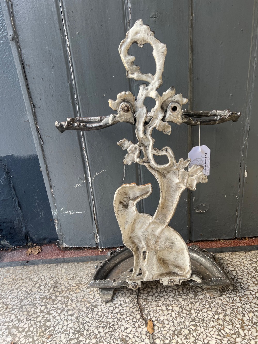 Antique cast iron stick stand with sitting dog  View IV