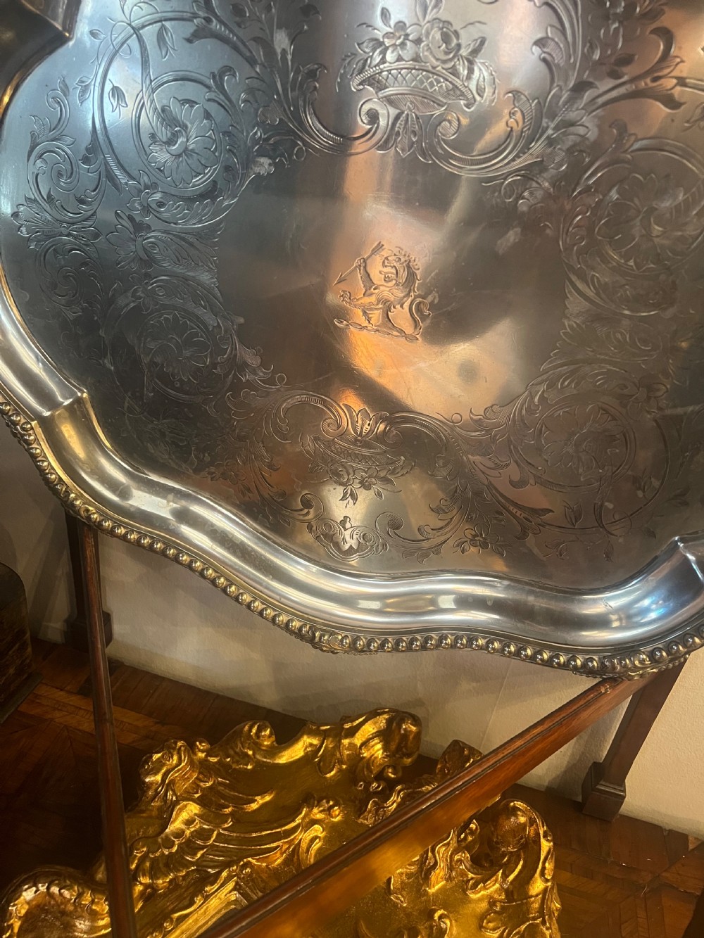 A large C19th silver plated chased footed tray  View IX