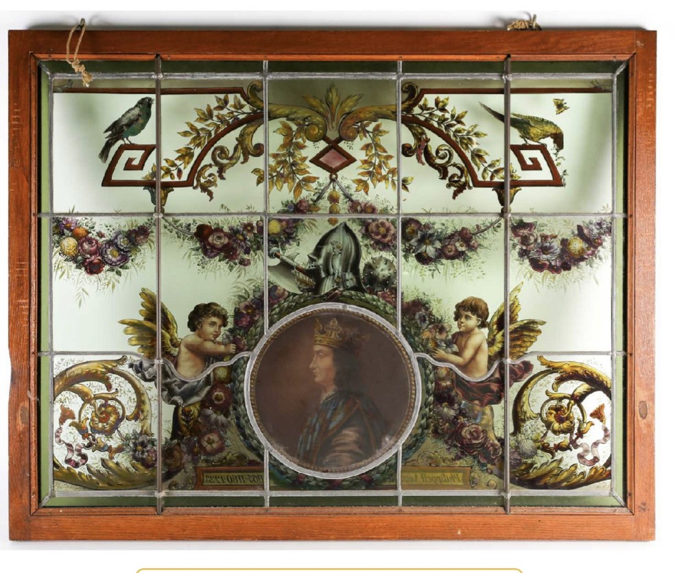 C19th stained glass panel featuring a portrait of king phillipe Auguste of France (1165- 1223 ) 
