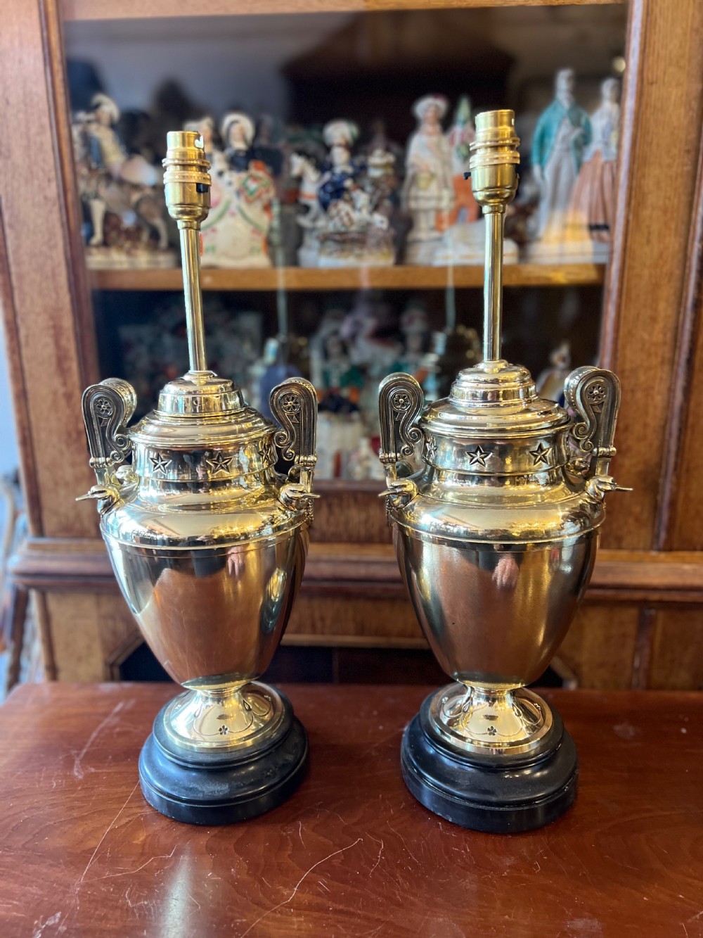 Pair of large brass urn table lamps  View VI