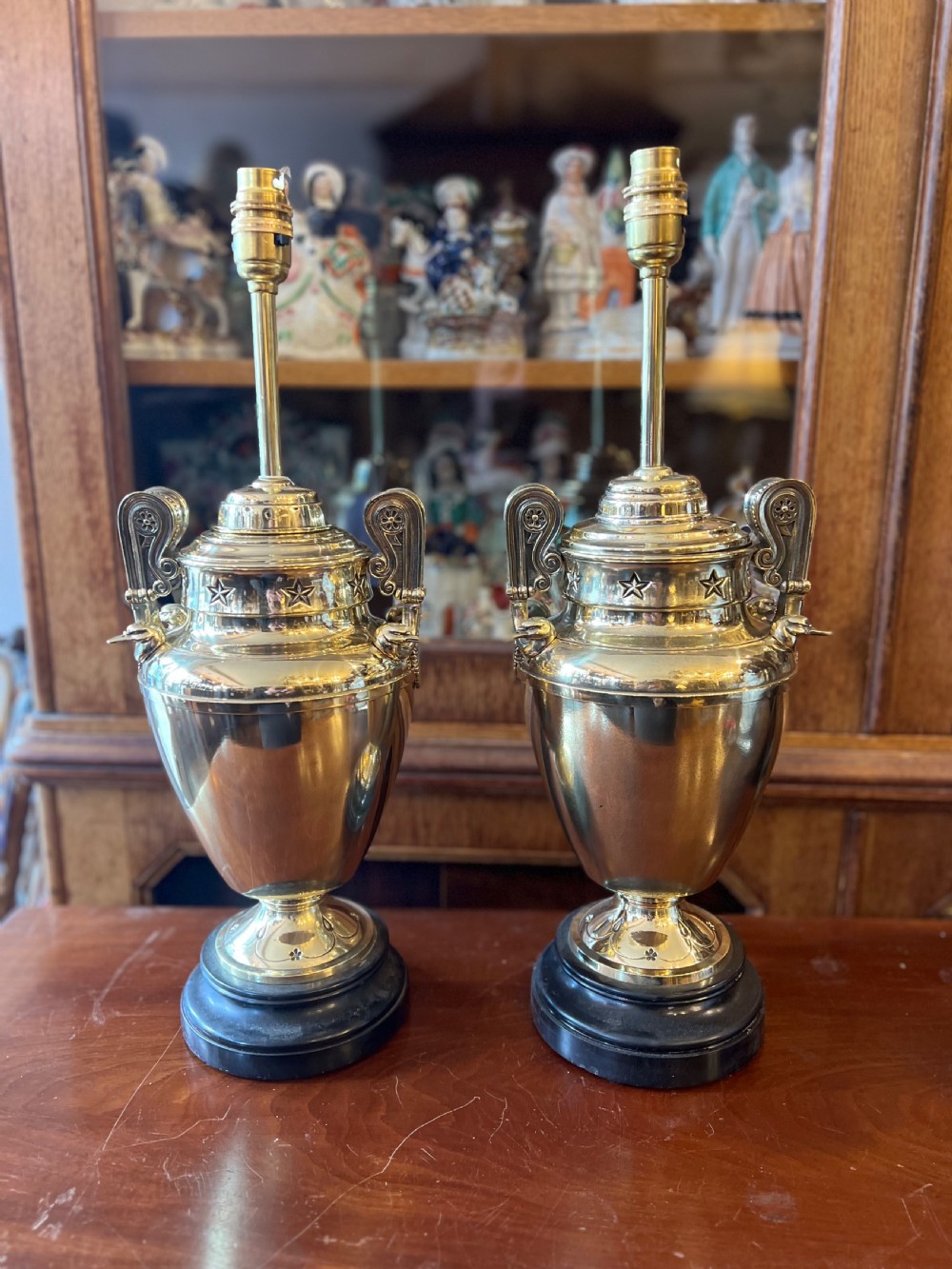 Pair of large brass urn table lamps  View VIII