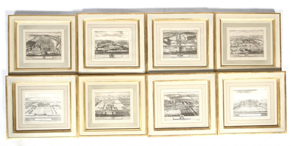 Set of eight framed engravings of country houses 