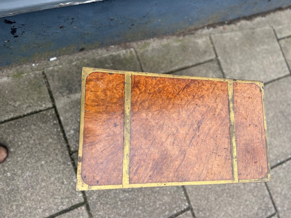 C19th amboyna veneered campaign writing slope on stand  View II
