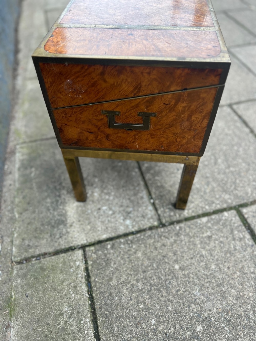 C19th amboyna veneered campaign writing slope on stand  View III