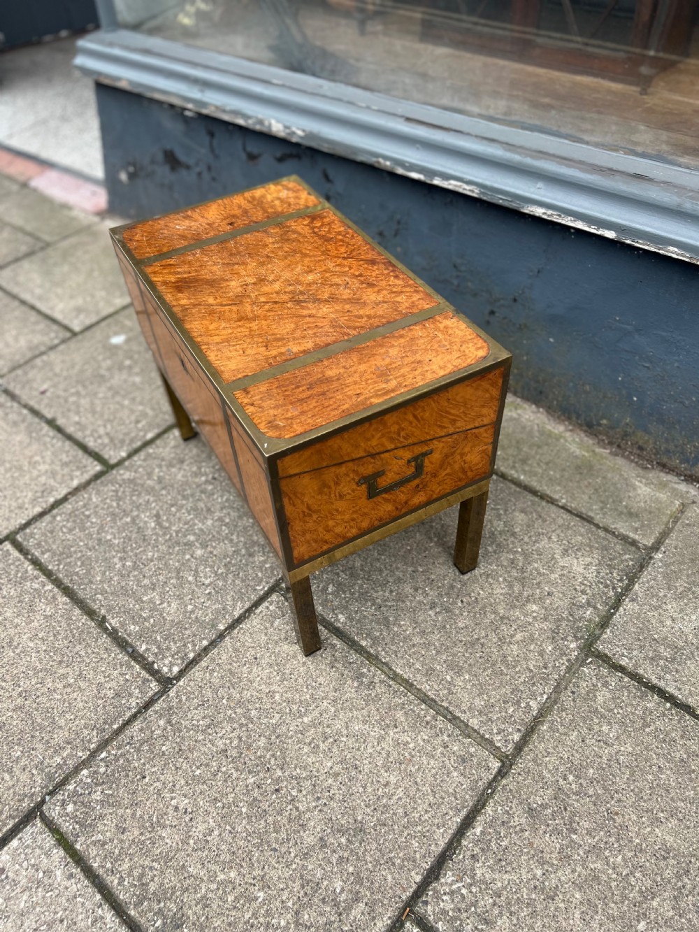 C19th amboyna veneered campaign writing slope on stand  View IV