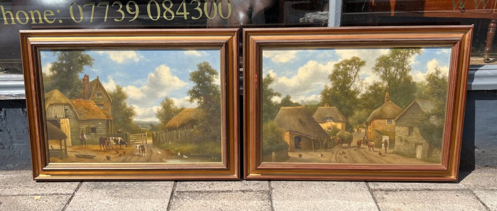Pair of oil paintings showing a farmyard by Alfred H. Vickers (British, 1853-1907) 