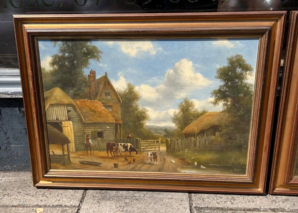 Pair of oil paintings showing a farmyard by Alfred H. Vickers (British, 1853-1907)  View III