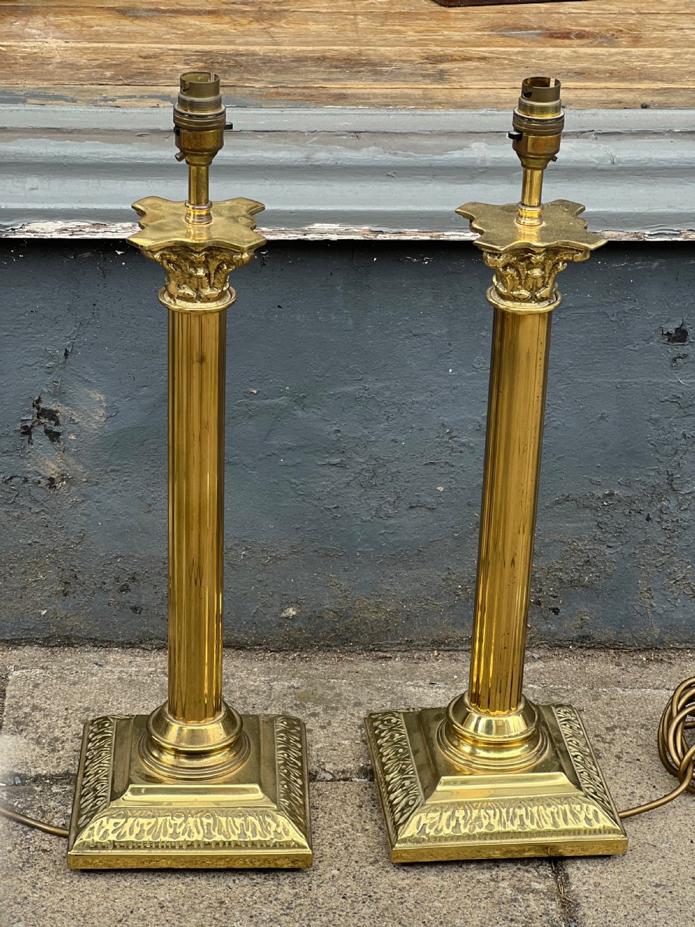 Pair of brass corinthian column table lamps  View II