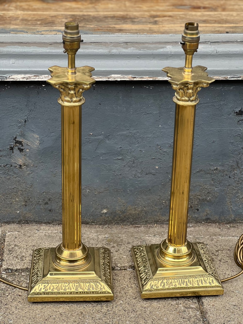 Pair of brass corinthian column table lamps  View III